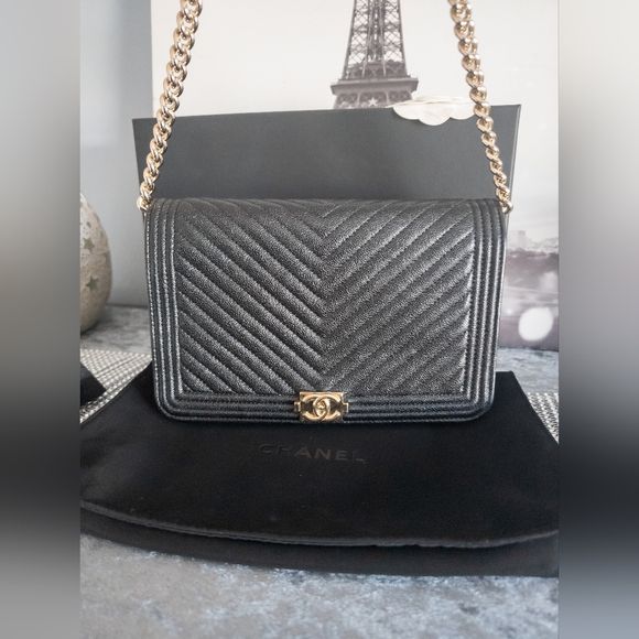 Chanel Caviar Chevron Boy Wallet On Chain- Gold Tone- Black- Full Inclusion - Picture 14 of 17
